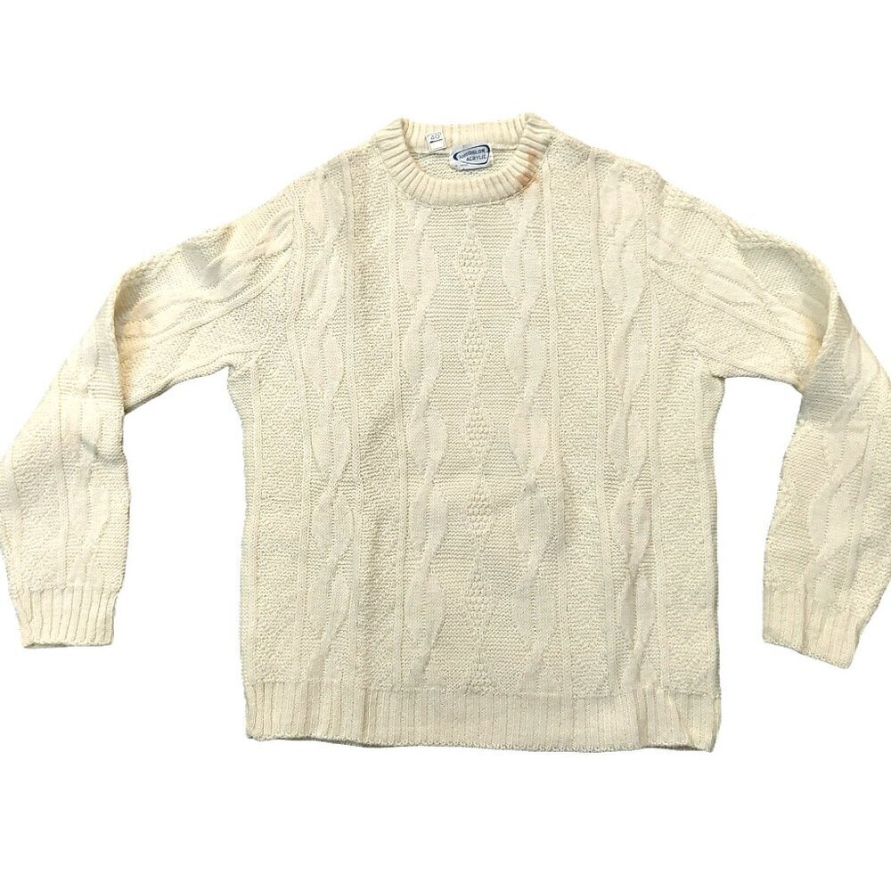 Vintage 1940s-1950s Cream Cable Knit Long Sleeve Crewneck Sweater Medium